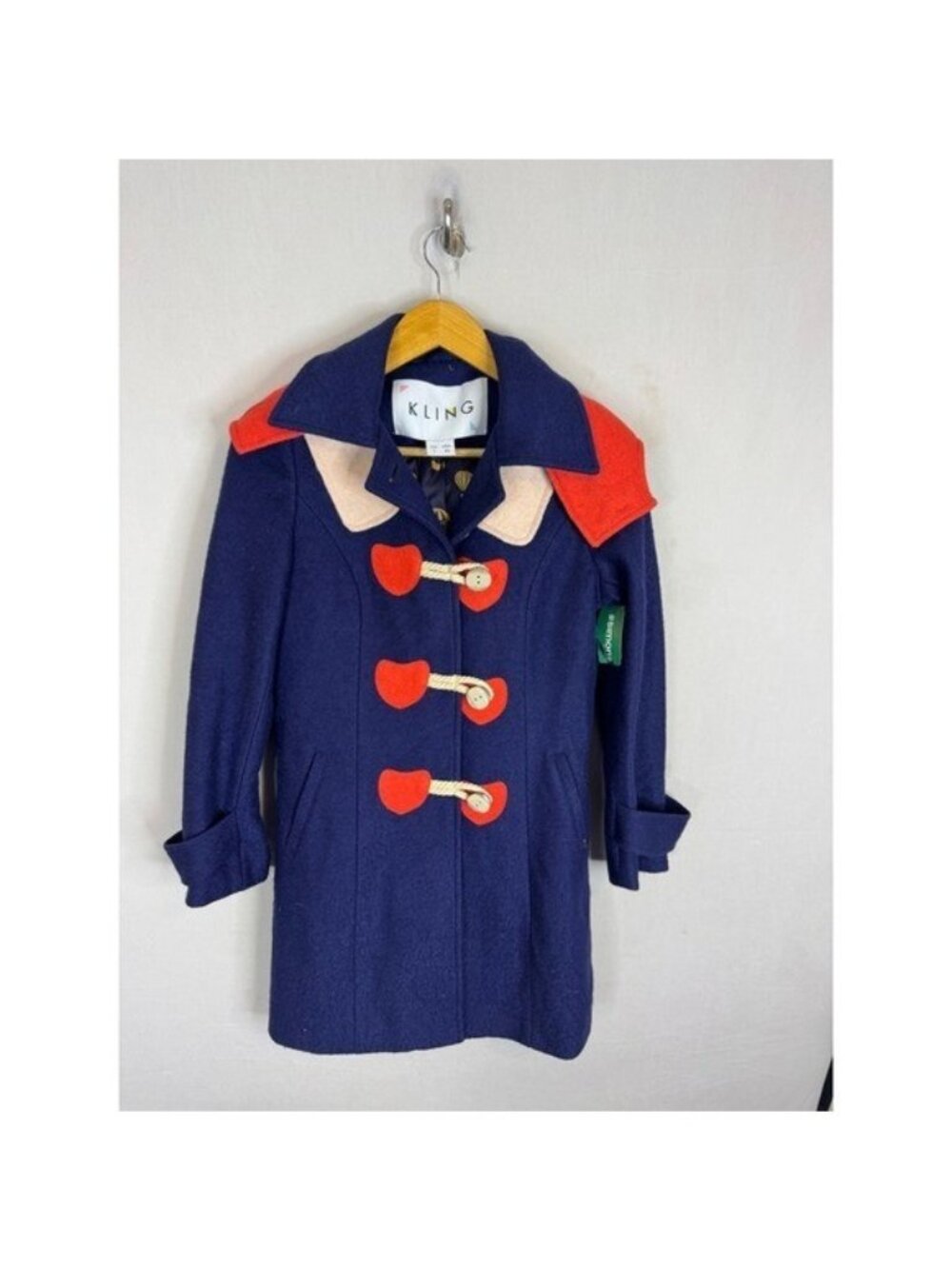 Kling Navy Blue Wool Blend Heart Toggle Duffle Coat Orange Accents XS NWT